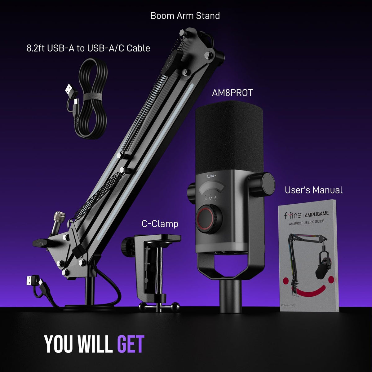 FIFINE AmpliGame AM8PROT USB/XLR Dynamic Microphone Kit with RGB Boom Arm Stand